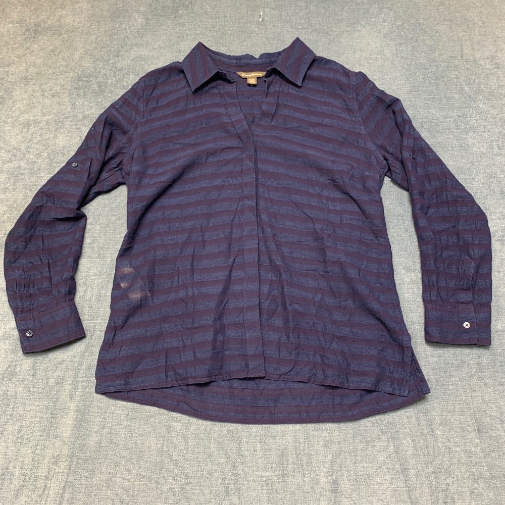Tommy Bahama Shirt Top Womens M Navy Blue Striped Cotton Semi Sheer Button Up